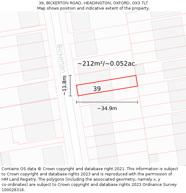 39, BICKERTON ROAD, HEADINGTON, OXFORD, OX3 7LT: Plot and title map
