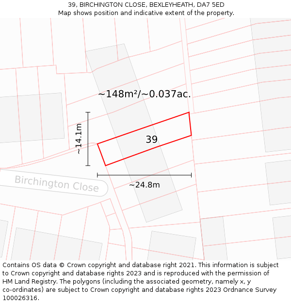 39, BIRCHINGTON CLOSE, BEXLEYHEATH, DA7 5ED: Plot and title map