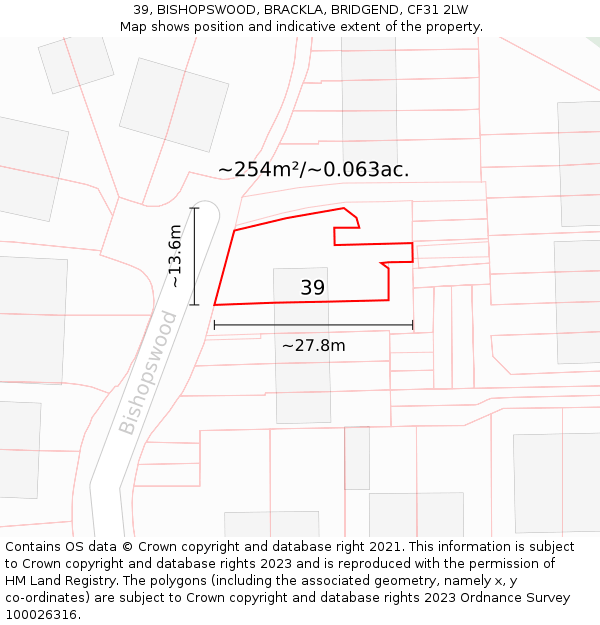 39, BISHOPSWOOD, BRACKLA, BRIDGEND, CF31 2LW: Plot and title map
