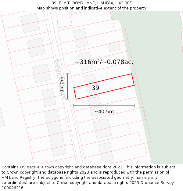 39, BLAITHROYD LANE, HALIFAX, HX3 9PS: Plot and title map