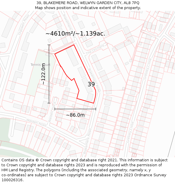 39, BLAKEMERE ROAD, WELWYN GARDEN CITY, AL8 7PQ: Plot and title map