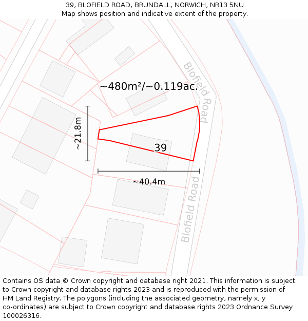 39, BLOFIELD ROAD, BRUNDALL, NORWICH, NR13 5NU: Plot and title map