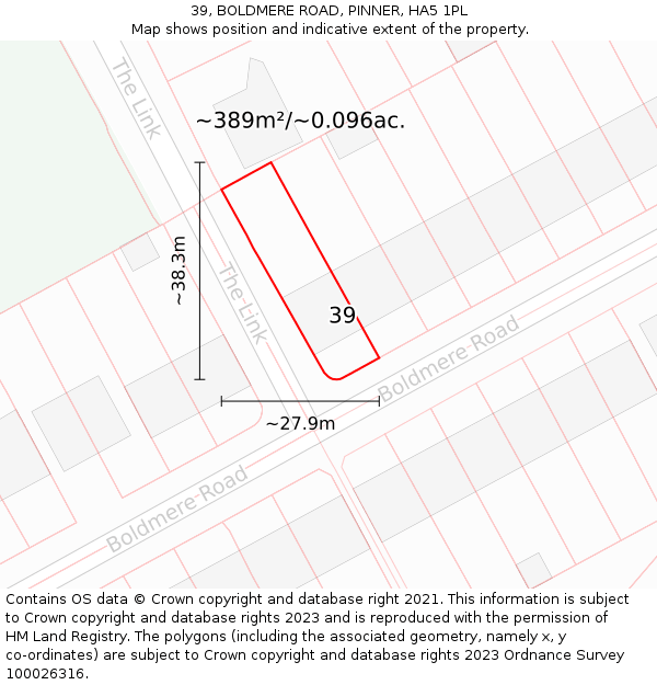 39, BOLDMERE ROAD, PINNER, HA5 1PL: Plot and title map