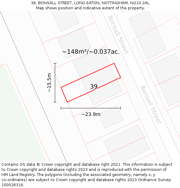39, BONSALL STREET, LONG EATON, NOTTINGHAM, NG10 2AL: Plot and title map