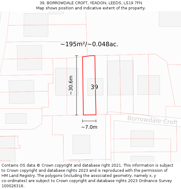 39, BORROWDALE CROFT, YEADON, LEEDS, LS19 7FN: Plot and title map
