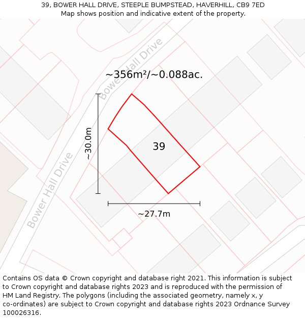 39, BOWER HALL DRIVE, STEEPLE BUMPSTEAD, HAVERHILL, CB9 7ED: Plot and title map