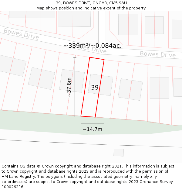 39, BOWES DRIVE, ONGAR, CM5 9AU: Plot and title map
