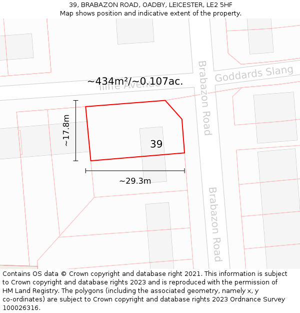 39, BRABAZON ROAD, OADBY, LEICESTER, LE2 5HF: Plot and title map