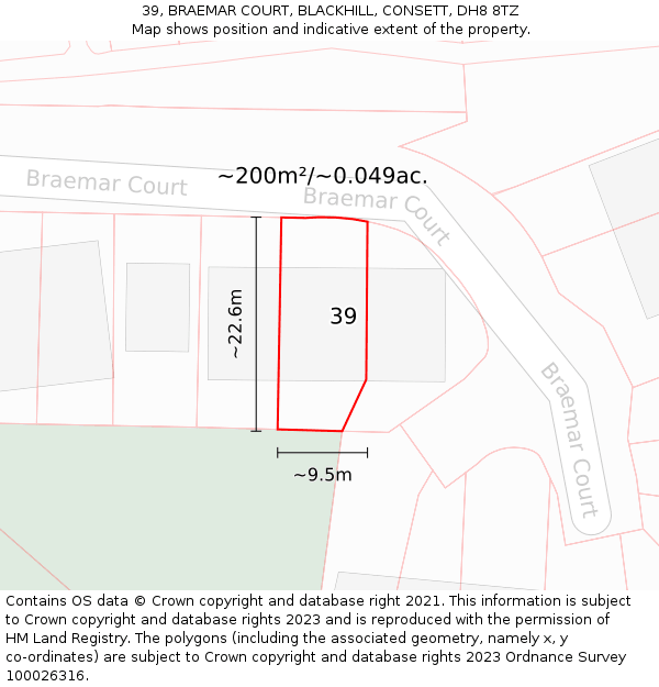 39, BRAEMAR COURT, BLACKHILL, CONSETT, DH8 8TZ: Plot and title map