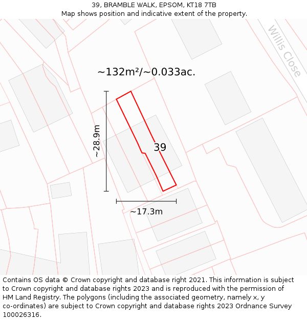 39, BRAMBLE WALK, EPSOM, KT18 7TB: Plot and title map