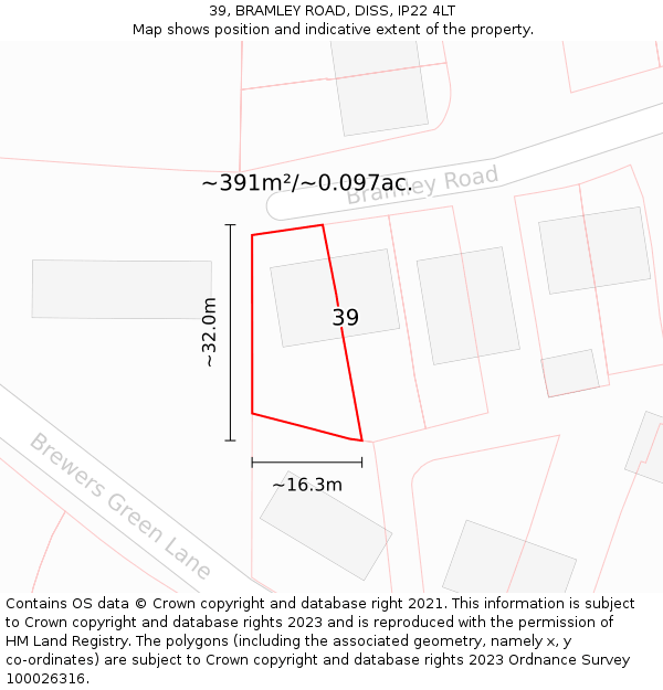 39, BRAMLEY ROAD, DISS, IP22 4LT: Plot and title map