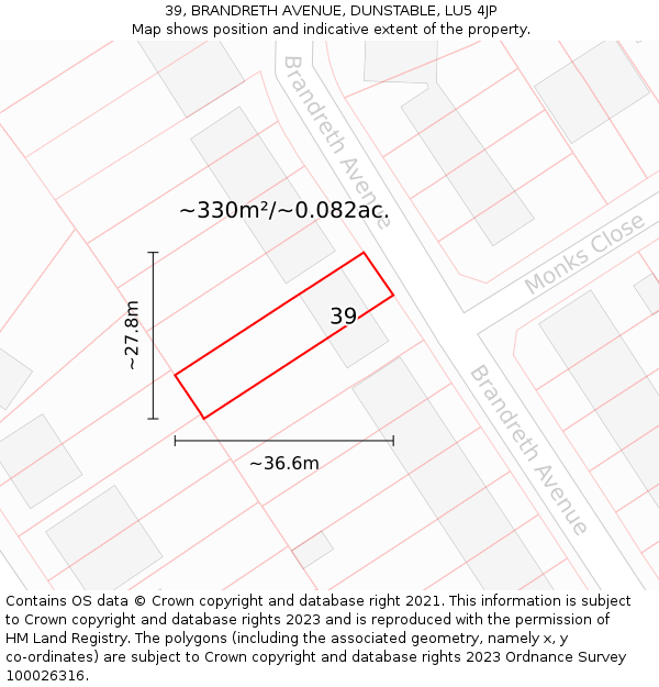 39, BRANDRETH AVENUE, DUNSTABLE, LU5 4JP: Plot and title map