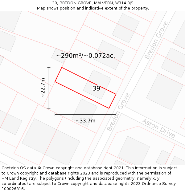 39, BREDON GROVE, MALVERN, WR14 3JS: Plot and title map