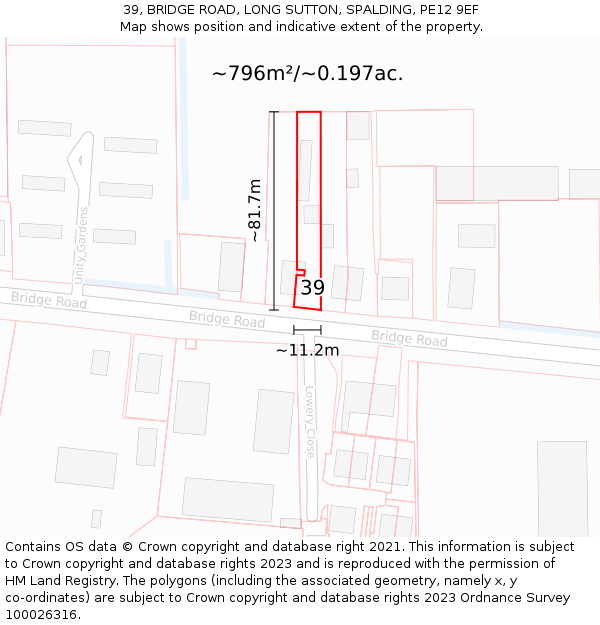39, BRIDGE ROAD, LONG SUTTON, SPALDING, PE12 9EF: Plot and title map