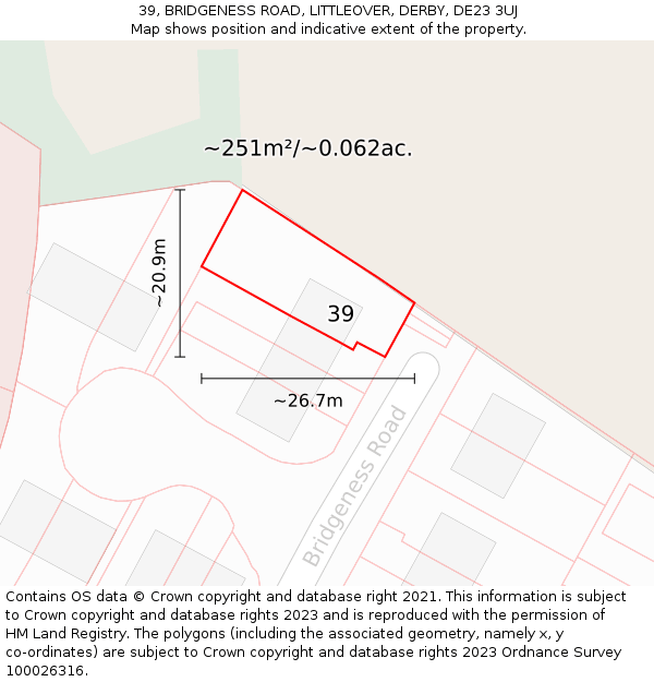 39, BRIDGENESS ROAD, LITTLEOVER, DERBY, DE23 3UJ: Plot and title map