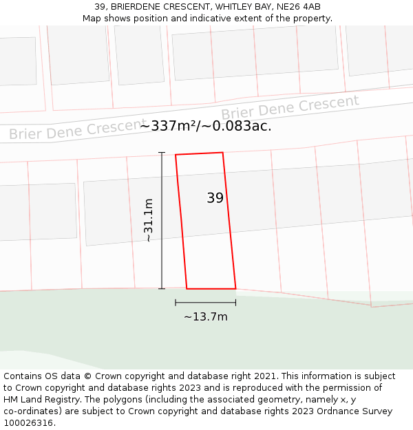 39, BRIERDENE CRESCENT, WHITLEY BAY, NE26 4AB: Plot and title map