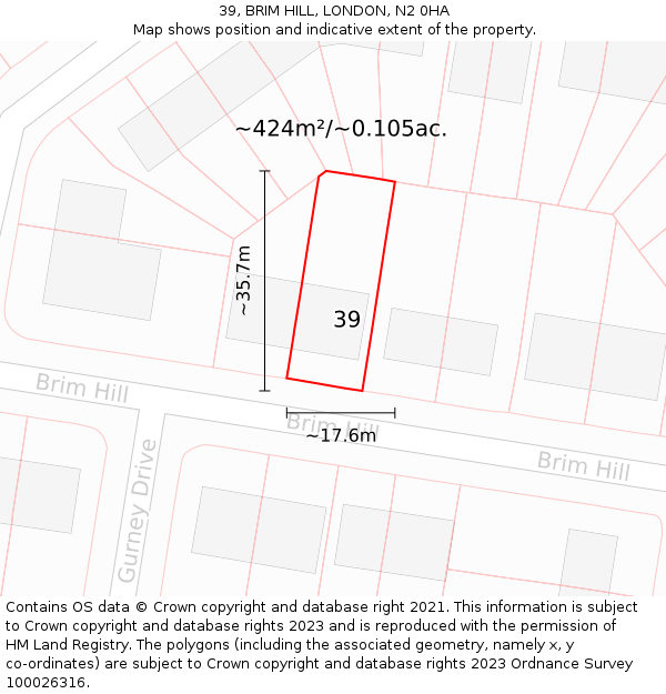 39, BRIM HILL, LONDON, N2 0HA: Plot and title map