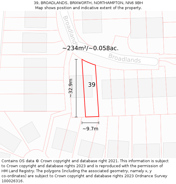 39, BROADLANDS, BRIXWORTH, NORTHAMPTON, NN6 9BH: Plot and title map