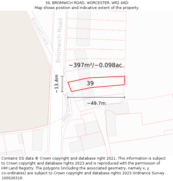 39, BROMWICH ROAD, WORCESTER, WR2 4AD: Plot and title map