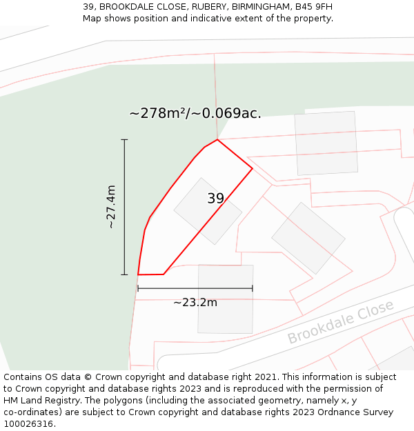 39, BROOKDALE CLOSE, RUBERY, BIRMINGHAM, B45 9FH: Plot and title map