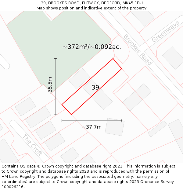 39, BROOKES ROAD, FLITWICK, BEDFORD, MK45 1BU: Plot and title map