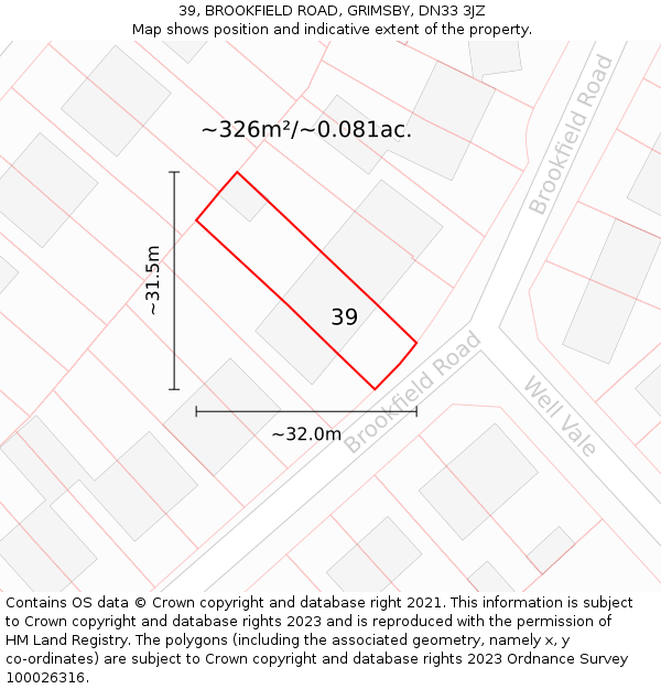 39, BROOKFIELD ROAD, GRIMSBY, DN33 3JZ: Plot and title map