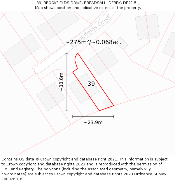 39, BROOKFIELDS DRIVE, BREADSALL, DERBY, DE21 5LJ: Plot and title map