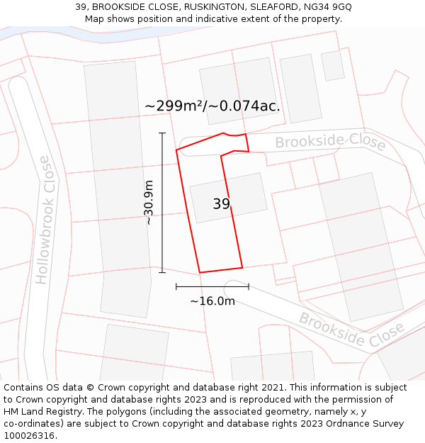 39, BROOKSIDE CLOSE, RUSKINGTON, SLEAFORD, NG34 9GQ: Plot and title map