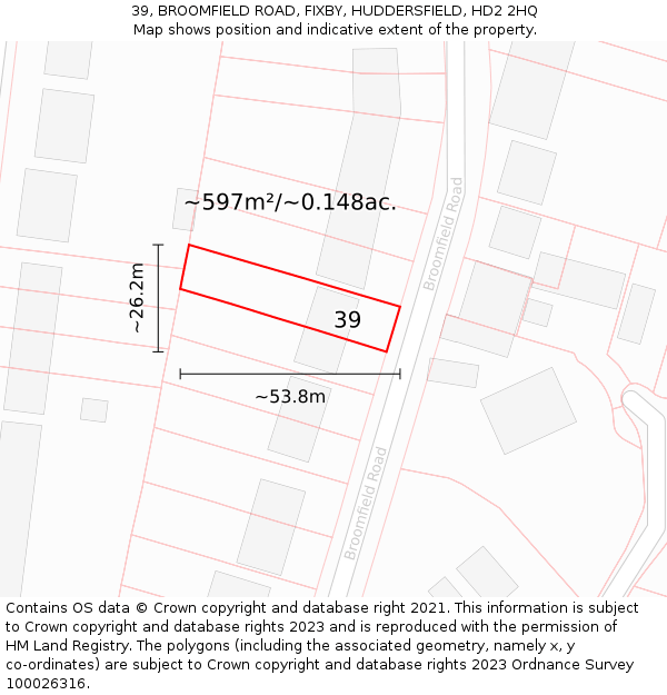 39, BROOMFIELD ROAD, FIXBY, HUDDERSFIELD, HD2 2HQ: Plot and title map