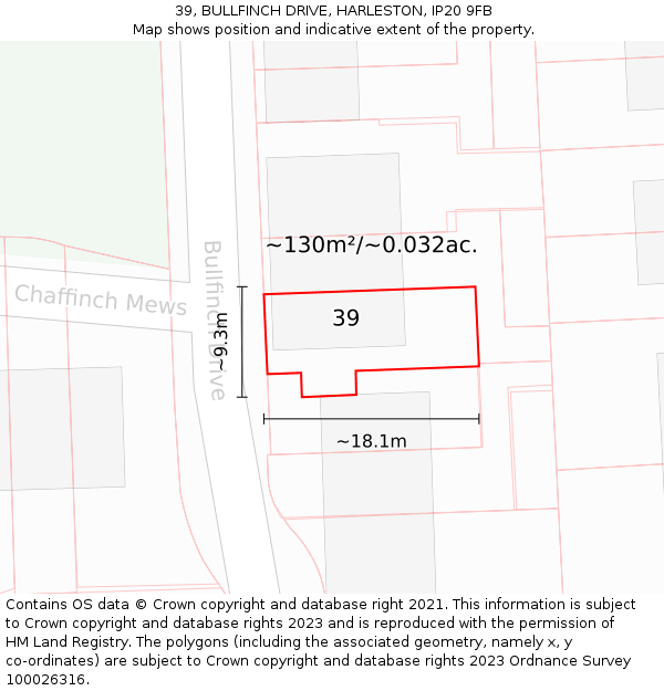 39, BULLFINCH DRIVE, HARLESTON, IP20 9FB: Plot and title map