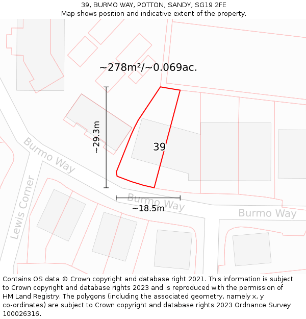39, BURMO WAY, POTTON, SANDY, SG19 2FE: Plot and title map