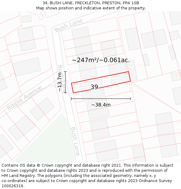 39, BUSH LANE, FRECKLETON, PRESTON, PR4 1SB: Plot and title map