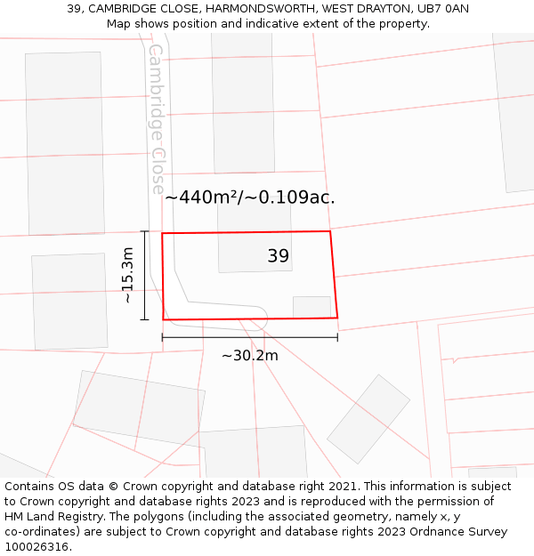 39, CAMBRIDGE CLOSE, HARMONDSWORTH, WEST DRAYTON, UB7 0AN: Plot and title map