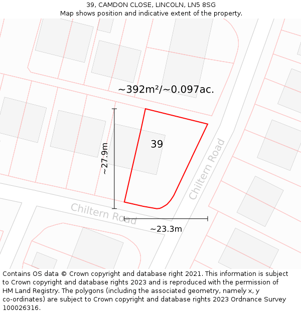 39, CAMDON CLOSE, LINCOLN, LN5 8SG: Plot and title map