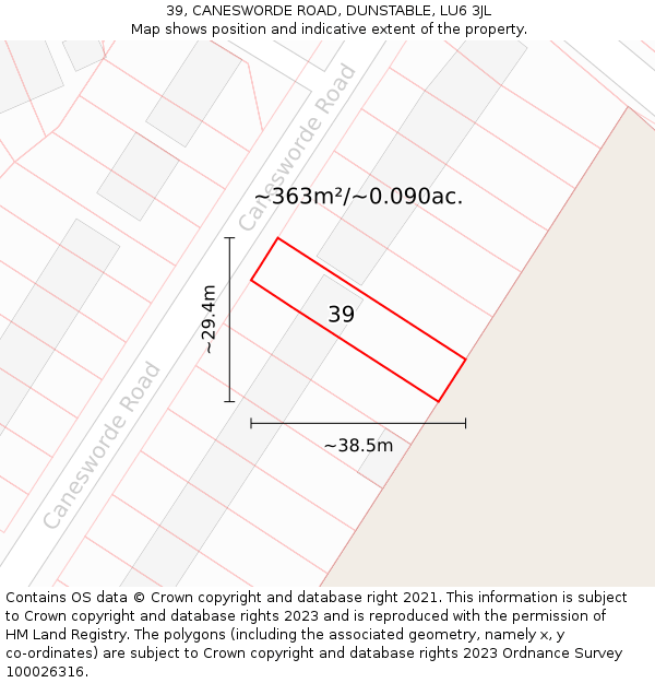 39, CANESWORDE ROAD, DUNSTABLE, LU6 3JL: Plot and title map