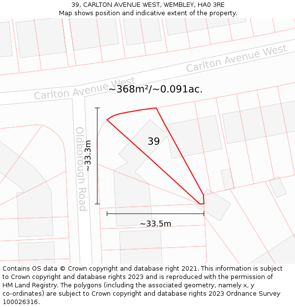 39, CARLTON AVENUE WEST, WEMBLEY, HA0 3RE: Plot and title map