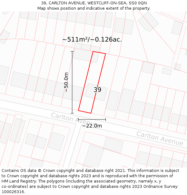 39, CARLTON AVENUE, WESTCLIFF-ON-SEA, SS0 0QN: Plot and title map
