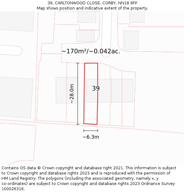 39, CARLTONWOOD CLOSE, CORBY, NN18 9FP: Plot and title map