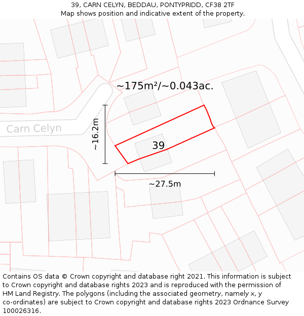 39, CARN CELYN, BEDDAU, PONTYPRIDD, CF38 2TF: Plot and title map