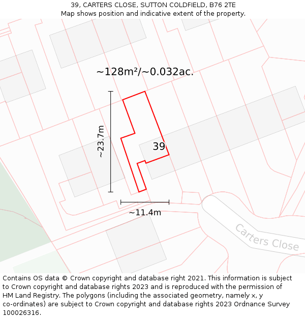39, CARTERS CLOSE, SUTTON COLDFIELD, B76 2TE: Plot and title map