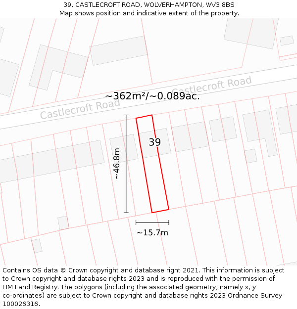 39, CASTLECROFT ROAD, WOLVERHAMPTON, WV3 8BS: Plot and title map