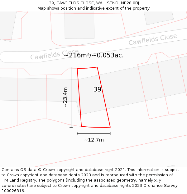39, CAWFIELDS CLOSE, WALLSEND, NE28 0BJ: Plot and title map