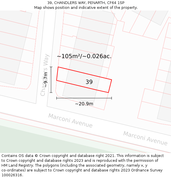 39, CHANDLERS WAY, PENARTH, CF64 1SP: Plot and title map