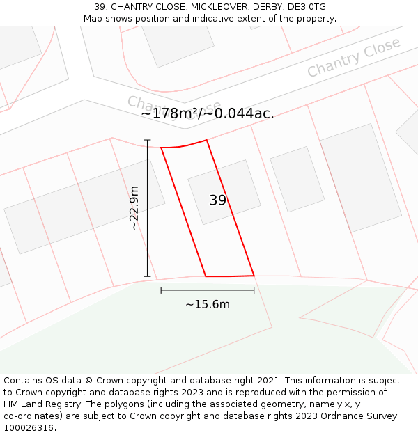 39, CHANTRY CLOSE, MICKLEOVER, DERBY, DE3 0TG: Plot and title map