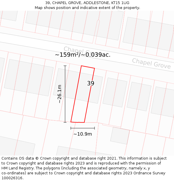 39, CHAPEL GROVE, ADDLESTONE, KT15 1UG: Plot and title map