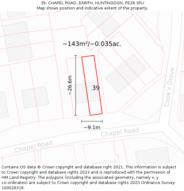 39, CHAPEL ROAD, EARITH, HUNTINGDON, PE28 3PU: Plot and title map