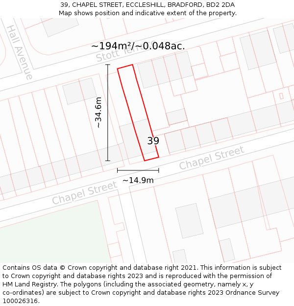 39, CHAPEL STREET, ECCLESHILL, BRADFORD, BD2 2DA: Plot and title map