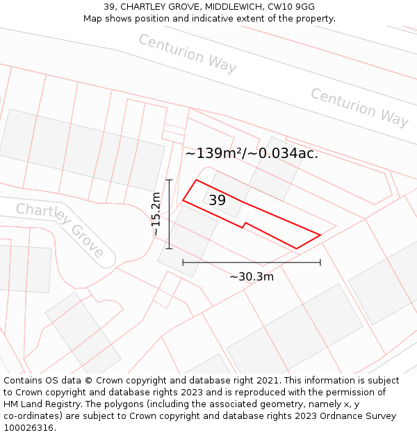 39, CHARTLEY GROVE, MIDDLEWICH, CW10 9GG: Plot and title map