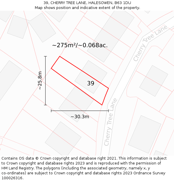 39, CHERRY TREE LANE, HALESOWEN, B63 1DU: Plot and title map