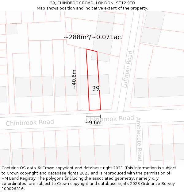 39, CHINBROOK ROAD, LONDON, SE12 9TQ: Plot and title map